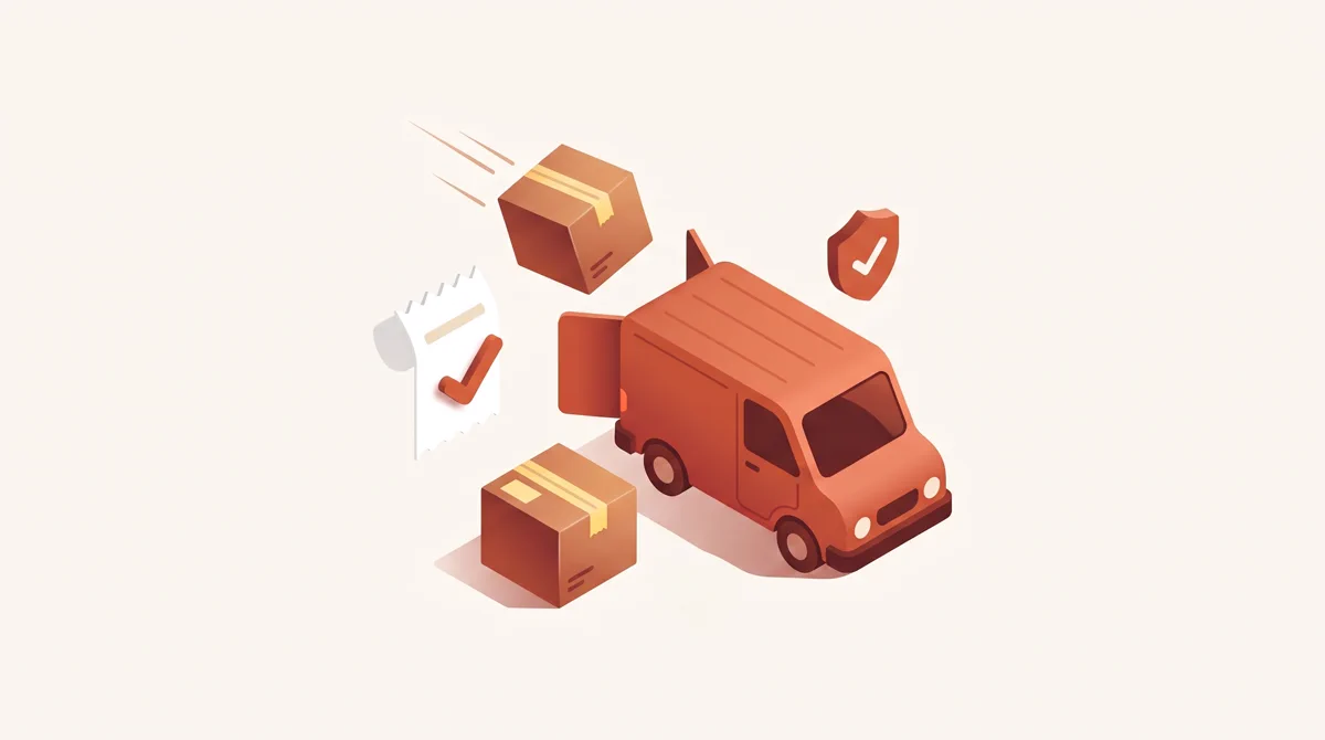 Isometrische illustratie van een terracotta bezorgbusje met pakketjes, bonnetje en garantie-shield